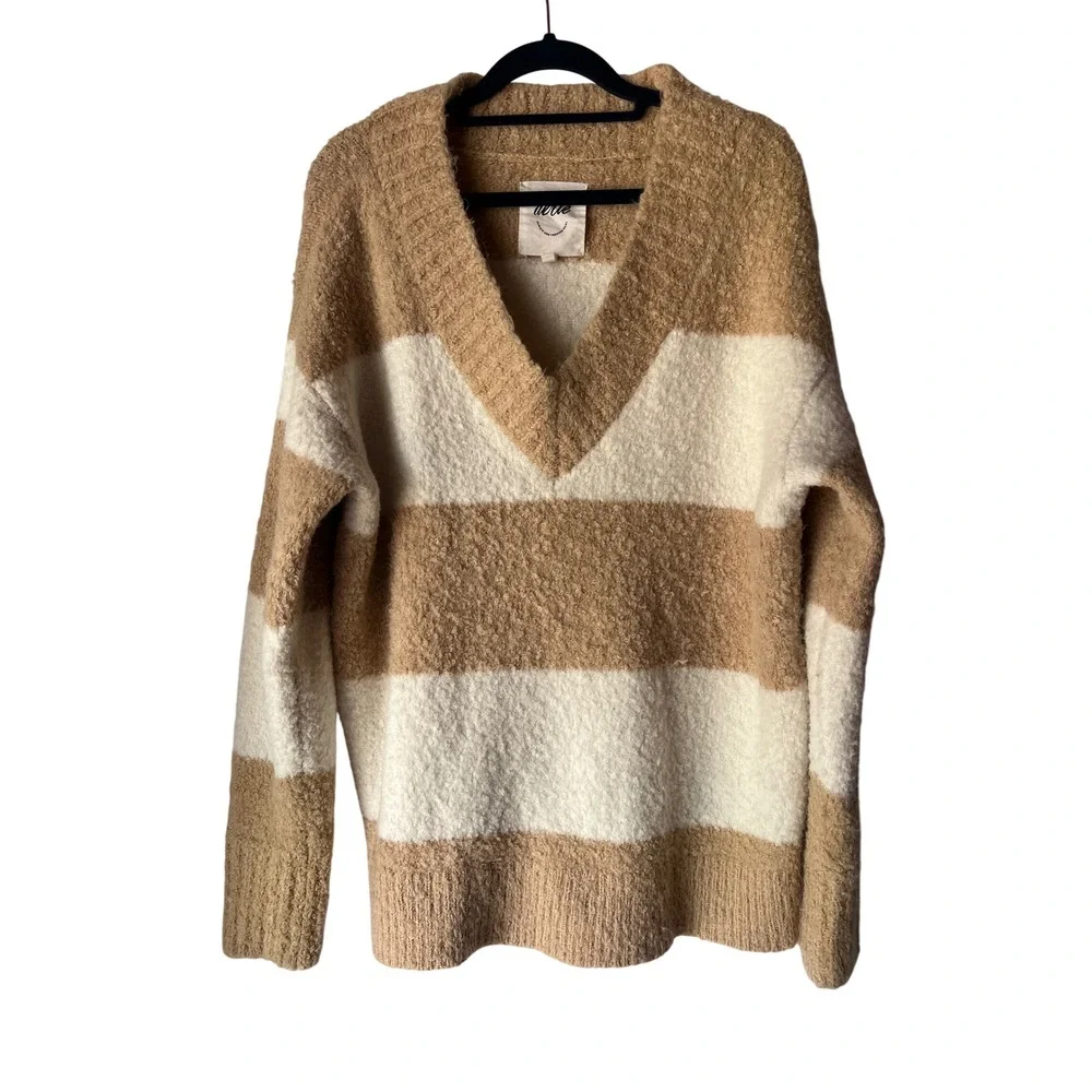 AERIE TEDDY BOUCLE‎ SWEATER WOMEN'S SMALL KOKO BROWN STRIPED OVERSIZED FIT